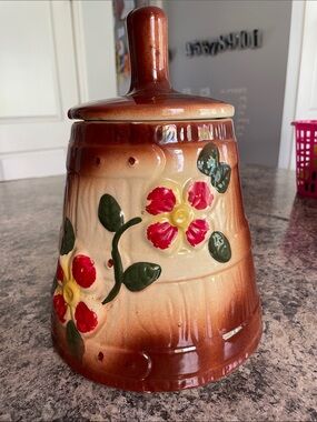 Mccoy Brown and Cream Floral Ceramic Cookie Jar with Lid